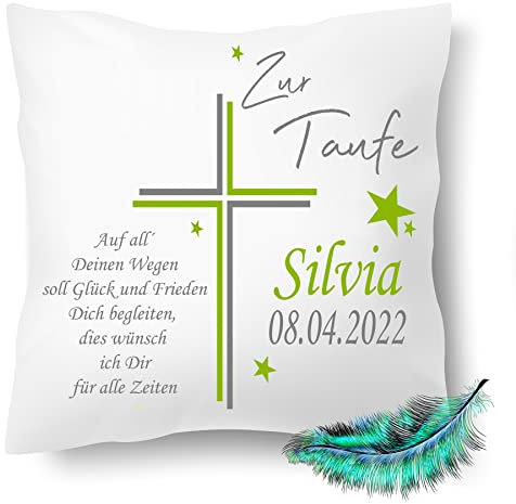 Taufkissen, Personalisierbares Kissen bedrucktes zur Taufe für Jungen und Mädchen, mit Namen, Datum, eigenem Taufspruch, Geschenk,| Dekokissen,| Kuschelkissen 40X40 (mit Kissenfüllung, Hellgrün)