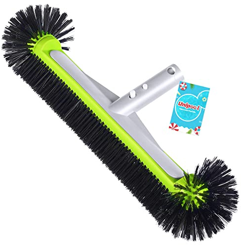 Swimming Pool Brush Head with Round Ends,17.5 Heavy Duty Aluminum Back Head for Cleans Walls, Tiles & Floors, 7 Rows Premium Nylon Bristles with EZ Clips (Green Black)