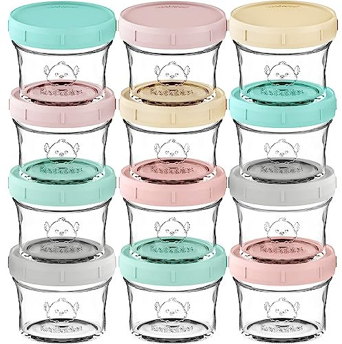 12-Pack Babybrei Einfrieren Behälter Glas - Beikost Baby Zubehör, Mikrowellen Babybrei Behälter, Lecksicher Babynahrung Behälter, Beikost Einfrieren Behälter, Babynahrung aufbewahrung (Pastels)
