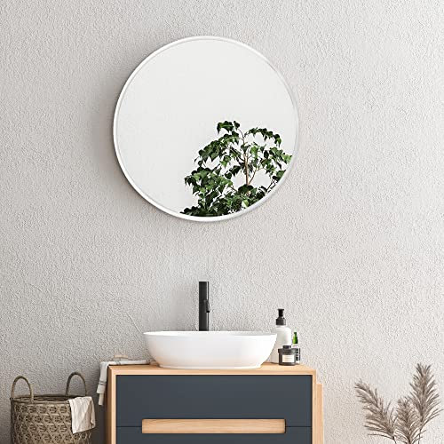 [en.casa] Miroir Mural Rond Design Style Industriel Salle de Bain Salon Toilette Cadre en Aluminium 60 cm Blanc Mat