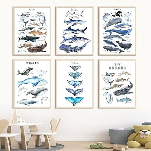 CAYBES 6 Stück Meerestiere Wale Haie Fische Nordische Poster und Drucke Wandkunst Leinwandgemälde Bilder für Baby Kinder Schlafzimmer Badezimmer Zimmer Dekorationn-A4 (Kein Rahmen)