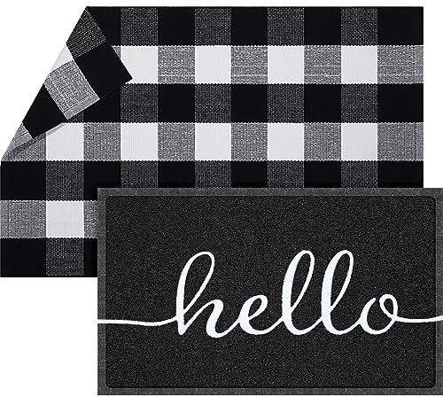 Geelin 2 Pcs Welcome Door Mat Front Doormat Outdoor Entrance Buffalo Checkered Rug for Indoor Outdoor Coir Doormat Front Porch Mat for Layering Decorative Home Entrance(Hello)