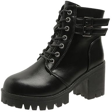Onsoyours Stivali da Donna Boots Gothic Chunky Anfibi Scarpe con Zip Tacco Medio Punta Tonda Moda Stivaletti alla Caviglia con Lacci Autunno Inverno Primavera A Nero 41 EU