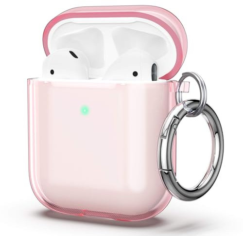 ULAK für AirPods 2&1 Hülle, Durchsichtig Stoßfest Hülle Dünn Schutzhülle mit Karabiner Transparent Ladecase für Apple AirPods 2/AirPods 1 (LED an der Frontseite Sichtbar) - Pink