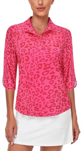 Akiooue Womens Gym Wear, Ladies Polo Shirts Horse Riding Top UPF 50+ Polo Golf Shirt Tennis Women UPF 50+ Tops for Women UK Moisture-Wicking Pink Leopard X-Large