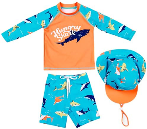 AIWUHE Schwimmshirt Kinder Uv-Schutz Bade-Set zweiteilig Schwimmshirt Badehose Langarm Haifisch-Muster T-Shirt mit Badekappe Orangenhai 110