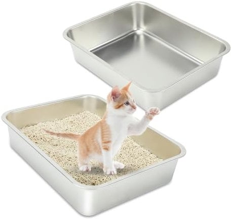 RANYPET Katzentoilette Edelstahl für Kätzchen 2 Stück, Edelstahl katzenklo für Katzen und Kaninchen, Katzenklo offen, Leicht zu Reinigen Niemals Gerüche, Fleckfrei, Rostfrei, Robuste(45×35×10cm)