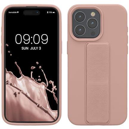 kwmobile Case Compatible with iPhone 15 Pro Max - Case with Hand Strap and Stand Soft TPU Silicone Coating - Dusty Pink