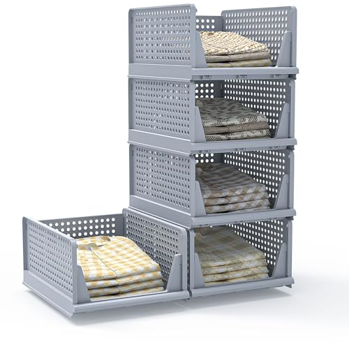 Yawinhe 5er Set Kleiderschrank Organizer Schubladenbox, Faltbaren Aufbewahrungsboxen Schrank Organizer, Plastik Trennwand Regal für Kleidung Küchen Schlafzimmer, 33 x 43 x 18,5 cm, Grau