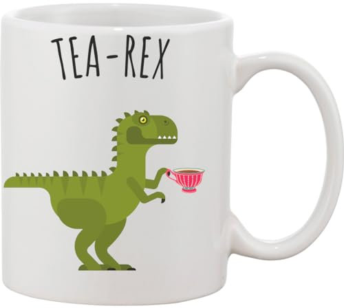 Tea-Rex T-Rec Holding A Cup of Tea Ceramic Mug White