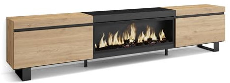 Skraut Home | Mueble TV | Televisión | Muebles de salón, almacenaje | 267x57x35 cm | para TV Gran Formato | Chimenea eléctrica XXL | Diseño Industrial | Estilo Moderno | Roble y Negro