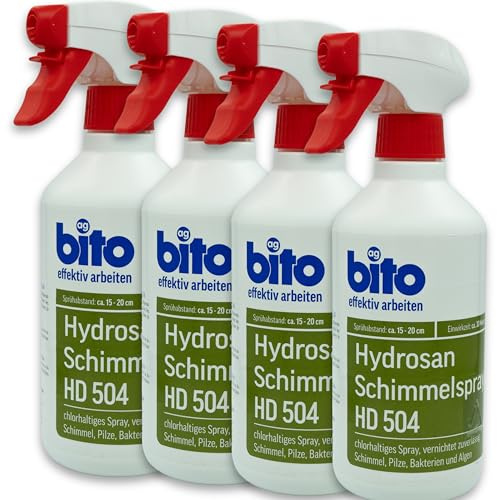 Hydrosan Schimmelentferner, chlorhaltiges Profi Schimmelspray 4 x 500 ml | stark gegen Schimmel & Pilze, schnelle Wirkung, einfache Anwendung, für Wand, Bad, Fugen & Fliesen, Made in Germany