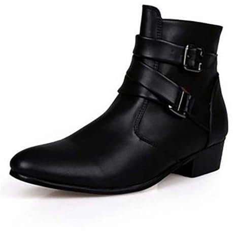 Stivali in pelle da uomo foderati impermeabili con tacco – Stivali a punta neri da moto con plateau – Moda Bianca Similpelle Scarpe da trekking Stivali invernali, Nero , 43 EU