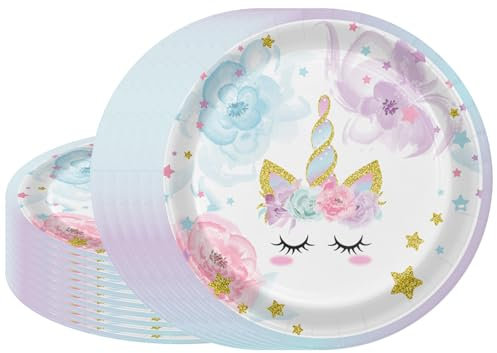 MORAINJAY 16 Pièces Violet Assiettes en Papier Vaisselle Anniversaire à Thème Licorne pour Filles,7 Pouces Assiettes Idéal pour Fêtes d'Enfants,Table Décoration Joyeuse -16 Invités