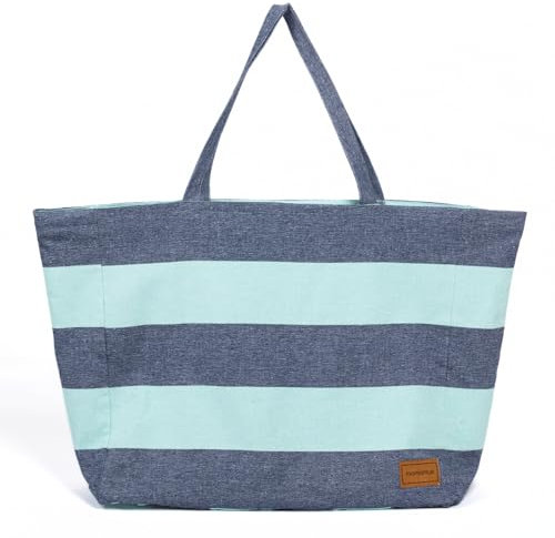 MOMOMUS Große Strandtasche XXL Familie - Wendbar, Gestreiftes und glattes Design, Geräumig - 50x40, Blau-Grün Meer