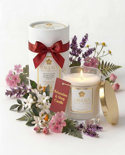 Sakura Aromatherapy Sleep & Relaxation Candle. Luxury Scented Candle Gift with Lavender, Geranium, Neroli & Clary Sage Essential Oils