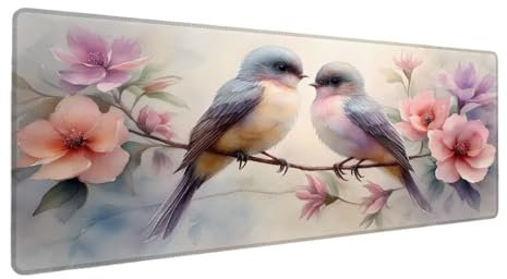 Gaming Mauspad XXL 1000x500x3mm, Vogel Mauspad, Große Blume Schreibtischunterlage Tastatur Matte, rutschfeste Gummibasis Schreibtisch Matte, Genähte Kanten Mouse Pad Desk Mat Für Home Computer J-1