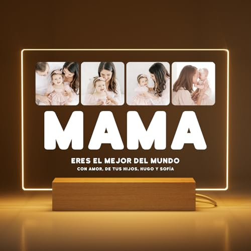 Greatminer Marco Personalizado para Mamá con Fotos y Frase - Regalo Día de la Madre - Regalo Personalizado para Mamá - Placa de Plexiglás con Base LED Opcional