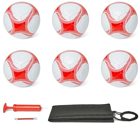 Amazon Basics 6-Pack Size 4 Soccer Balls with Pump and Bag - Training Ball Set, PVC Construction, Butyl Bladder, Machine Stitched Practice Balls for Teams, Schools, Camps, White and Red