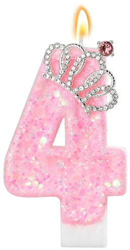 LunarCharm Rosa Geburtstagskerzen – Glitzernde Zahlenkerze zur 4. Geburtstagsparty mit Krone, Zahl 4, für Kuchen, Cupcake-Dekorationen, Partydeko, Jubiläumsfeiern