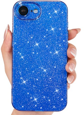 Svanove for iPhone SE Case Glitter 2n 3rd Generation 2020 2022, Sparkly Girly Cute Bling Sparkle Shiny Bright Phone Case for Women, Glittery Thin Slim Jelly Soft Silicone Rubber Gel Cover, Neon Blue