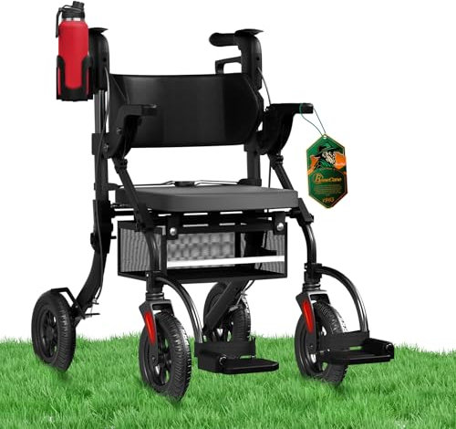 BeneCane 2 in 1 Faltbarer Rollator Rollstuhl für Senioren & Erwachsene Stabil, Leichter, Höhenverstellbarer Gehwagen mit Sitz und Großen Rutschfesten Rädern für Männer & Frauen, Gehhilfe, Laufhilfe