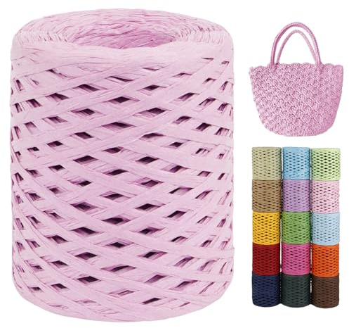 LEREATI Raffia Garn zum Häkeln von Taschen, 3mm x 200m Flach Papierdraht Bast Band Natur Paketschnur Papiergarn Raffia Bast zum Häkeln Handtasche, Körbe, Hüte, Geschenkverpackung (Rosa)