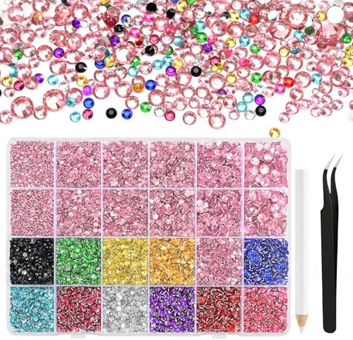 NACHLYNN 36000 Stück Strasssteinen aus Kunstharz 2-6mm Mehrfarbig Hellrosa Flache Runde Jelly Strasssteine Geeignet für Nailart Gesichtsbemalung Kostüme und Andere DIY-Kreationen (Mit Pinzette)