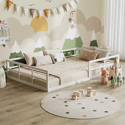 VitaliSpa Bodenbett Minno 120x200, Kinderbett aus Metall, Montessori Bett mit Rausfallschutz, niedrige Einstiegshöhe, Weiß