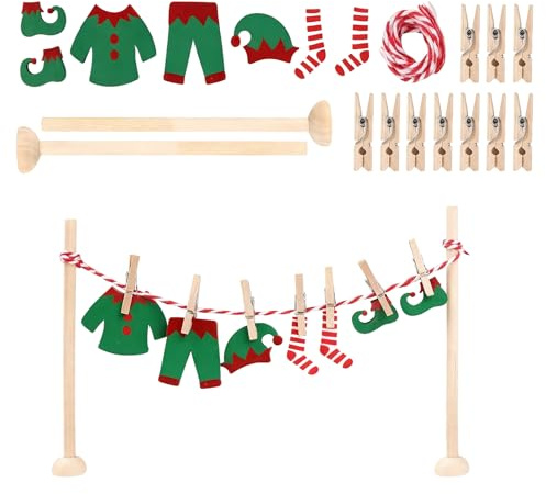Miniatur Wäscheständer Set, Wichtel Zubehör Weihnachten, Wichtel Wäscheständer Set, Mit Miniatur Wäscheständer, Holz Kleider und Klammern, Dekoration für Weihnachten, Puppenhaus Zubehör