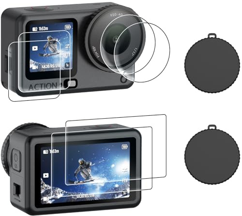 AMAZEAR Displayschutz & Objektiv Schutz für DJI Osmo Action 6 Zubehör -2x Display Schutzfolie aus Gehärtetem Glas & 2x Silikon Objektivkappen Set, HD | 9H Härte | Berührungsempfindlich | Linsenschutz