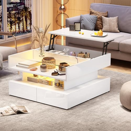 OKMYHOME Table Basse Relevable LED avec Rangement, Blanche, 80 × 80 cm | Hauteur 45 - 60 cm, rangement caché, tiroirs, forme carrée, design moderne, pour salon