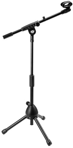 CROWNSHOP Microphone Stand 47-80cm with Telescopic Boom Adjustable | Portable Collapsible Studio Holder with Tripod Base Mic Clip Adapter for Musicians Parties and Stages