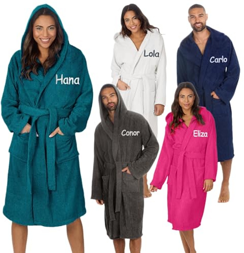 Personalised Adult Hooded Towelling Bath Robe 100% Cotton Luxury Bathrobe Absorbent Towel Robe for Men & Women Custom Gift Dressing Gown for Spa, Bathroom, Swim, Gym (L/XL - Teal)
