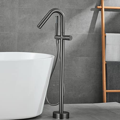 FKXSXAZ Bodenmontierte Badewannenarmatur aus Messing, Duschmischer, freistehende Badewanne mit Handbrause, 360° schwenkbarer Auslauf, Einhebelmischer, Schwarz (Gun Grey-)