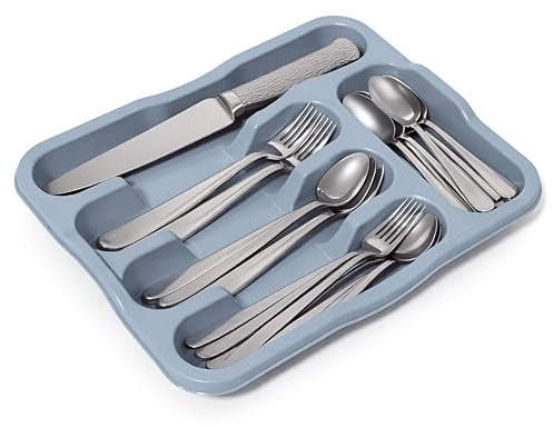 DIVCHI 5 Compartment Cutlery Tray Compact Storage Divider for Kitchen Drawers Plastic Cutlery Organiser Insert with Anti-Slip Base, Utensil Holder for Knives Forks Spoons, Durable Easy Clean (Blue)