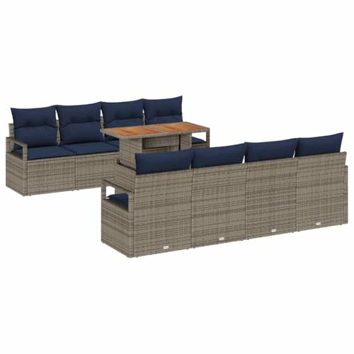 vidaXL Garten-Sofa-Set mit Kissen 9 pcs Grau und Marineblau, Garten und Terrasse, modernes modulares Sofa-Set, UV-beständige Materialien, Leichter Tisch für draußen