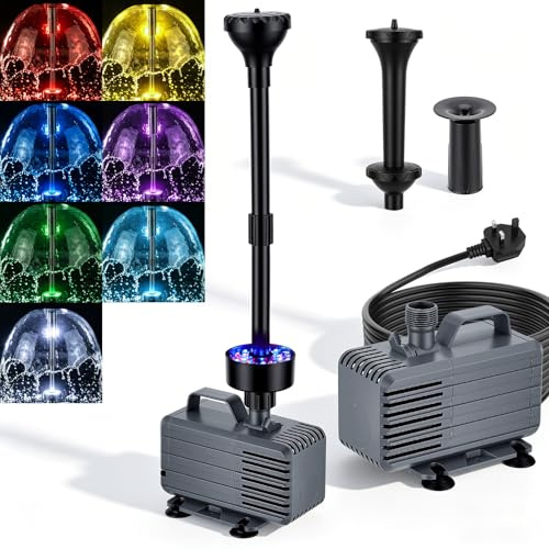 Pond Filter with Fountain Pump Kit, 3200L/H Pond Pump and Filter for Outdoor Ponds, 7 LED Lights, 3 Spray Modes, 60W Water Feature Pump, Water Fountain Outdoor Garden, Water Features for Garden