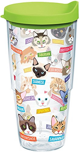 Tervis Flat Art - Bicchiere con motivo gatti con involucro e coperchio verde lime, 680 g, trasparente