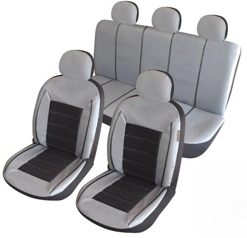 akhan-tuning ATKKD5 - Kunstleder Auto Sitzbezug Set 11 Teilig Grau/Schwarz