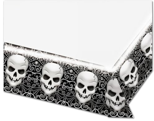 Amscan 571158 - Tischdecke Fright Night, aus Plastik, Größe 137 x 243 cm, Deko, Tuch, Tischläufer, Totenkopf, Skull, Skelett, Halloween, Horror-Party, Mottoparty