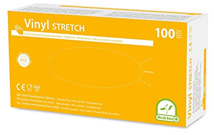 Medi-Inn+ Vinyl Stretch puderfrei Einmalhandschuhe Größe M | 100 Stück | Vinylhandschuhe in praktischer Spenderbox
