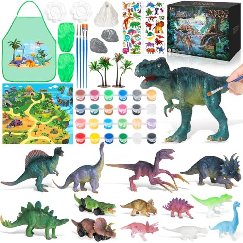 Dinosaure Jouet Kit de Peinture, Dinosaure Jouet Garcon Kit Peinture avec 12 Figurines Dino et 2 Voitures Jouet Dinosaure, Activites Manuelles pour Enfants 3-10 Ans pour Anniversaire Noël