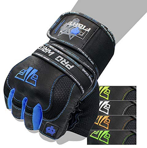 FOX-FIGHT Fitnesshandschuhe Trainingshandschuhe Kraftsport Damen Herren Leder Handschuhe Bodybuilding Sporthandschuhe mit Handgelenkbandage für Krafttraining Gewichtheben XL PRO Wrist blau