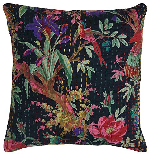 Kissenbezug mit indischem Blumenmuster, Heimdekoration, Vögel, handgefertigt, Stickerei, Baumwolle, bedruckt, Patchwork, Sari, ethnisch, Kantha, 40 x 40 cm, Schwarz