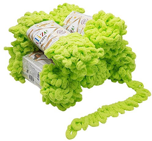 5 x 100 Gramm Strickwolle Alize Puffy, 500 Gramm Fingerstrick - Wolle super bulky, Schlaufenwolle, Stricken ohne Nadel (grün 41)