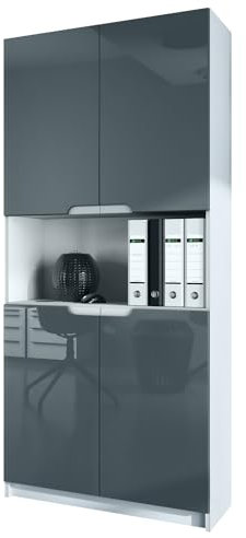 Vladon Büroschrank Logan V2, Made in Germany, Aktenschrank mit 5 Fächern und 4 Türen, Weiß matt/Grau Hochglanz (82 x 184 x 37 cm)