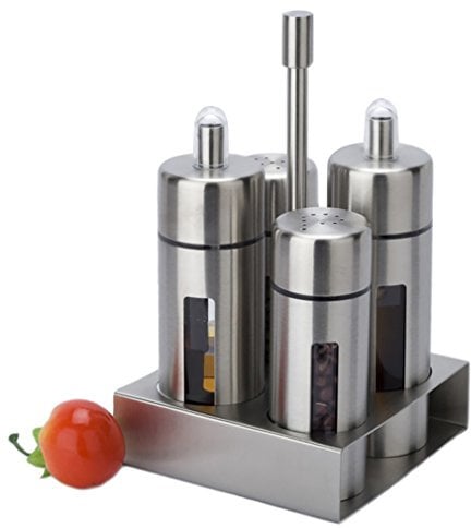 Basic Cruet Set, Stainless Steel and Acrylic Oil and Vinegar Dispenser Bottles, Salt and Pepper Shakers Condiment Server Holder, 4 Piece