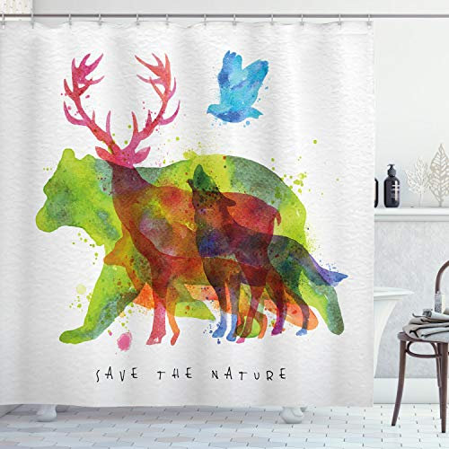 ABAKUHAUS Tier Duschvorhang, Alaska Tiere Bär Wolf, Stoffliches Gewebe Badezimmerdekorationsset mit Haken, 175 x 200 cm, Olivengrün Orange