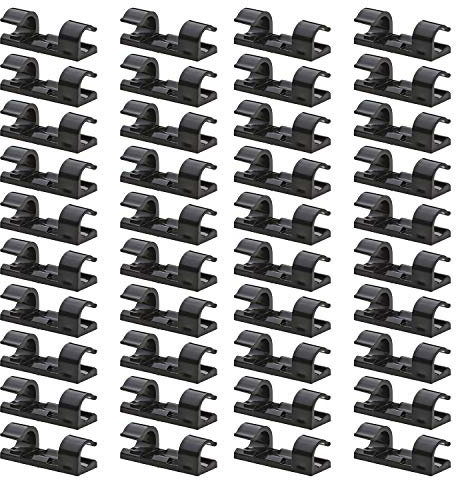 40 Pack Black Cable Clips, SACONELL Strong Self-Adhesive Cable Drop Wire Holder, Durable Mount-Round Plastic Cord Management Organiser Clamps for Home and Office